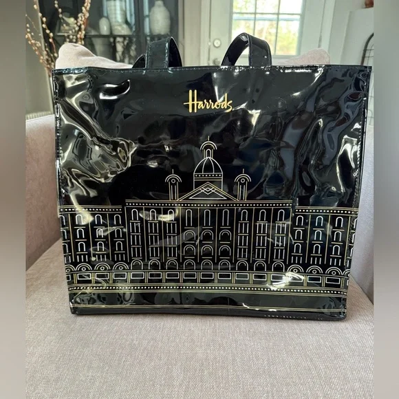 Harrods Large PVC Patent Leather Black & Gold Tote Bag - Picture 4 of 9